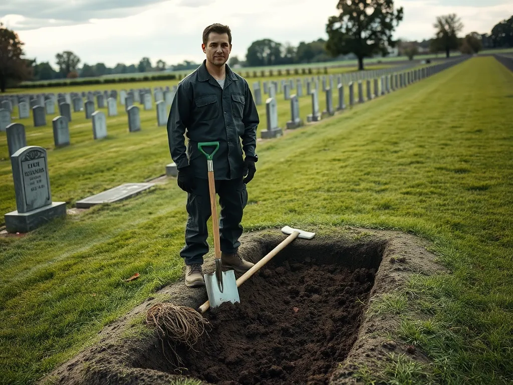 Grabarz w ciemnym stroju stoi przy otwartym grobie z narzędziami, spokojnie wykonując swoją pracę na cichym cmentarzu.
