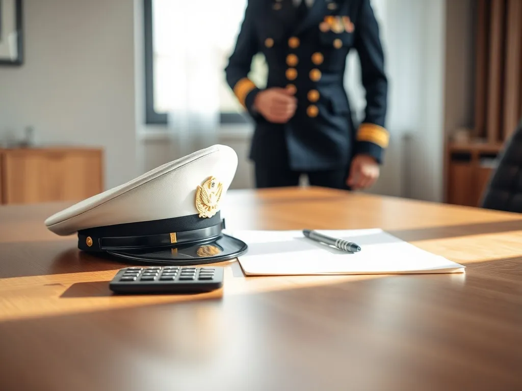 Biurko z czapką generalską i kalkulatorem, w tle oficer w mundurze – symboliczne ujęcie zarobków generała.