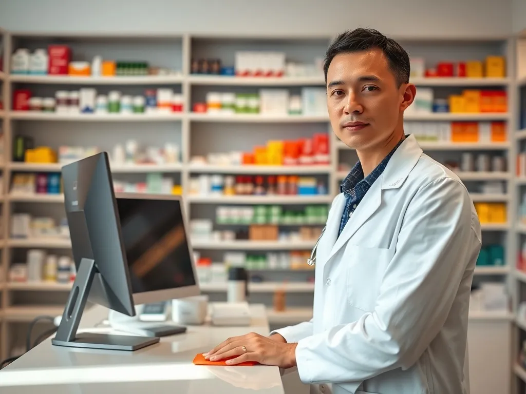 Farmaceuta w białym fartuchu za ladą w nowoczesnej aptece, otoczony uporządkowanymi lekami na półkach.