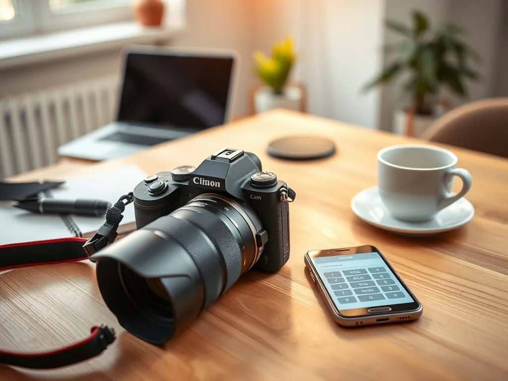 Lustrzanka na biurku obok kawy, notatnika i kalkulatora w smartfonie, symbolizuje pracę fotografa i obliczanie zarobków