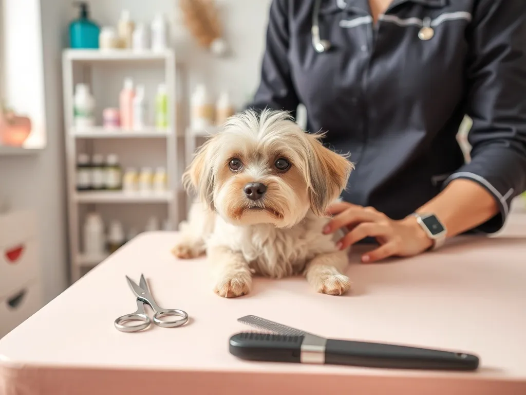 Groomer pielęgnuje spokojnego małego psa w jasnym salonie, na stole leżą nożyczki, szczotka i grzebień, tło z kosmetykami dla zwierząt.