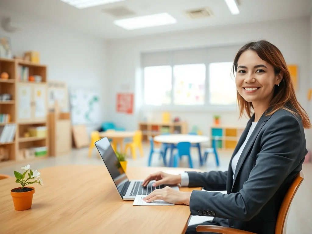 Dyrektorka przedszkola przy biurku w schludnym gabinecie, w tle kolorowa sala dla dzieci, atmosfera profesjonalna i życzliwa.