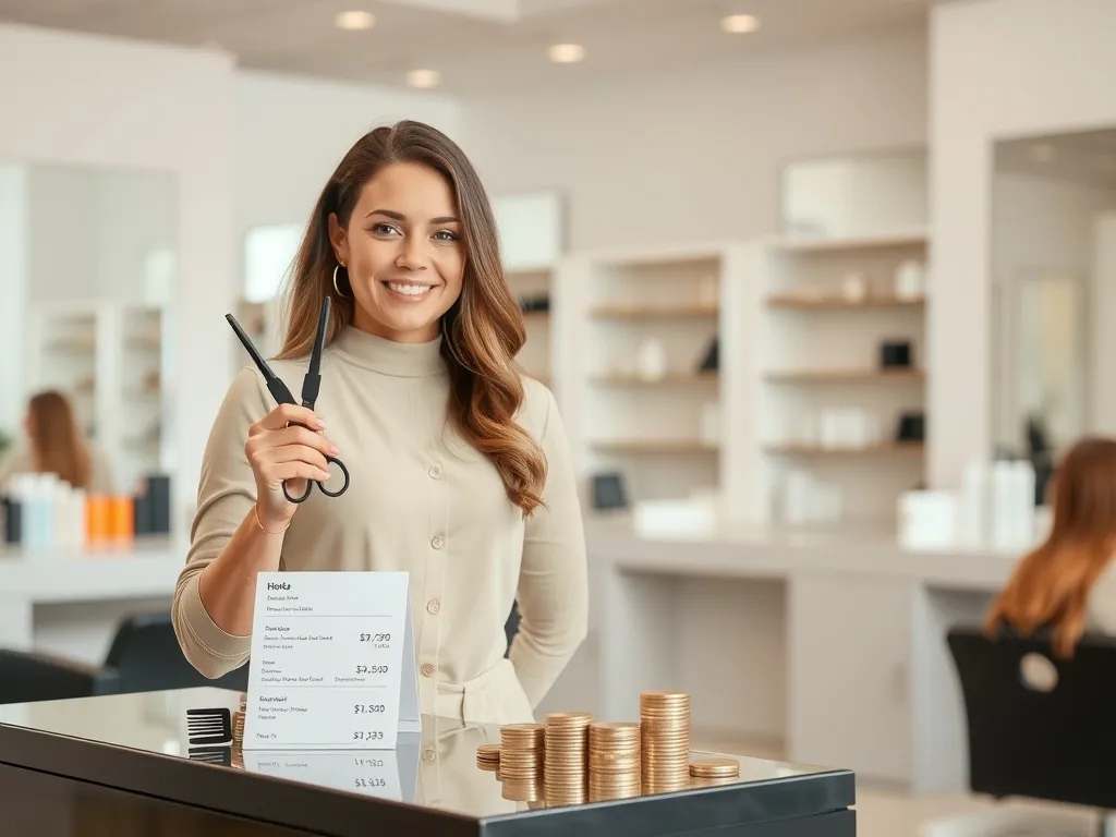 Uśmiechnięty fryzjer w nowoczesnym salonie, obok cennika i monet symbolizujących zarobki w zawodzie