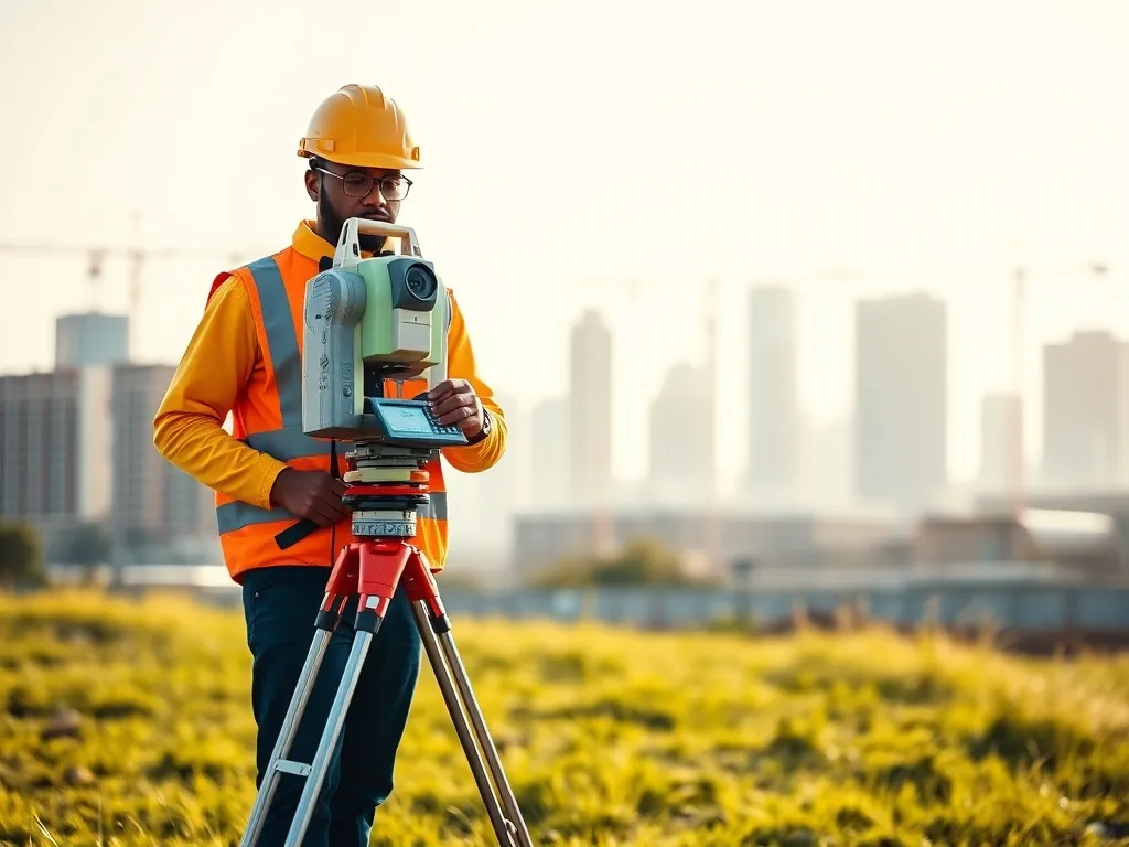 Geodeta w kamizelce odblaskowej pracuje z tachimetrem na statywie na placu budowy na tle rozwijającego się miasta