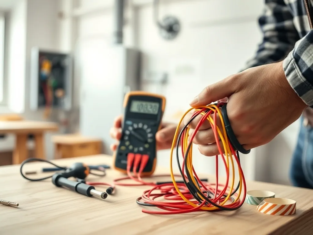 Elektryk mierzy napięcie multimetrem przy kolorowych przewodach, symbolizując precyzyjną i fachową pracę w zawodzie.