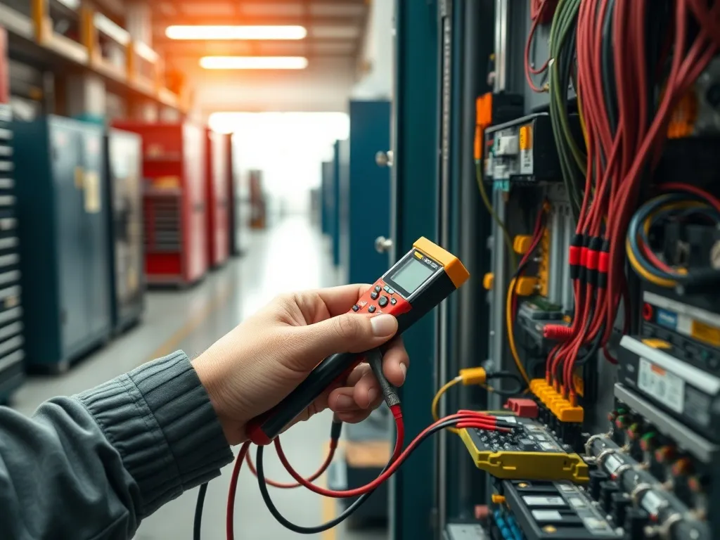 Elektromechanik sprawdza instalację w szafie sterowniczej multimetrem, w nowoczesnym, dobrze wyposażonym warsztacie.