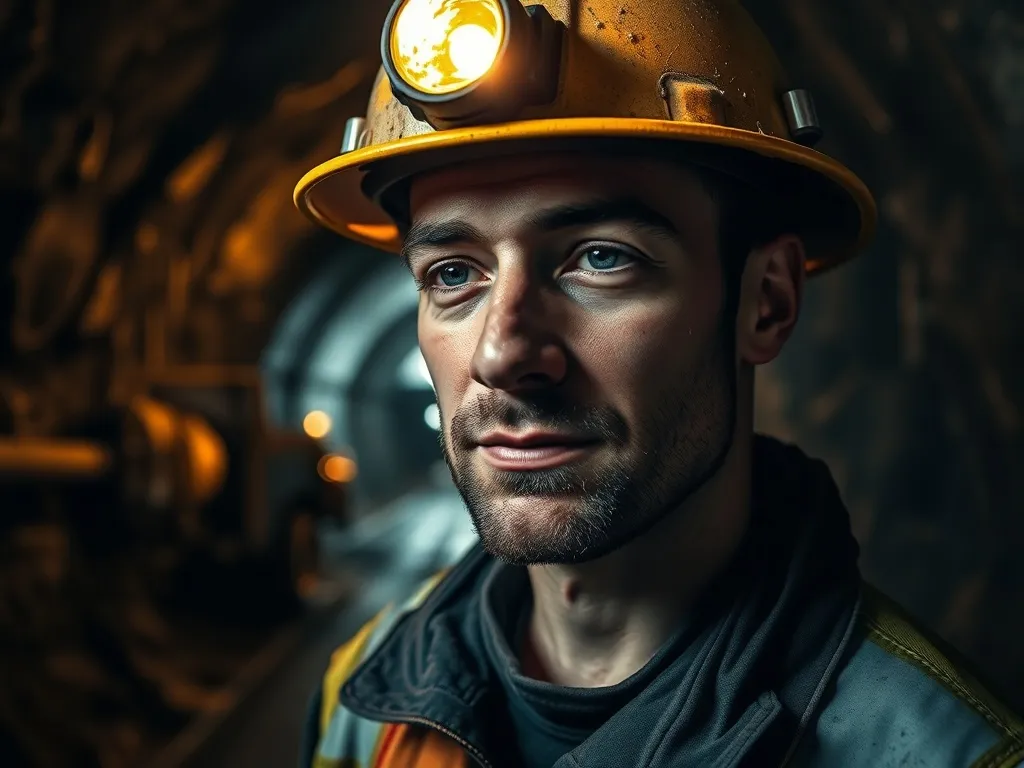 Górnik w kasku i odzieży roboczej w ciemnym tunelu kopalni, symbol ciężkiej pracy i realiów zawodu pod ziemią.