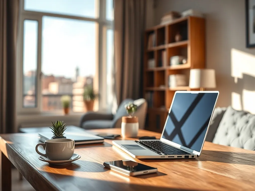 Jasne biurko z laptopem i kawą w jasnym mieszkaniu w Barcelonie, z widokiem na miasto, podkreśla codzienny styl życia piłkarki