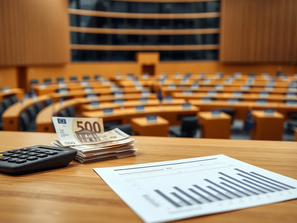Stos banknotów euro, kalkulator i dokument finansowy na tle sali Parlamentu Europejskiego, symbolizujące zarobki europosła.