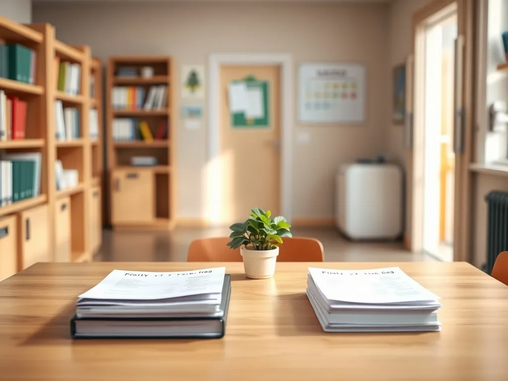 Gabinet dyrektora szkoły podstawowej z biurkiem i dokumentami, podkreślający profesjonalne warunki pracy i stanowisko kierownicze.