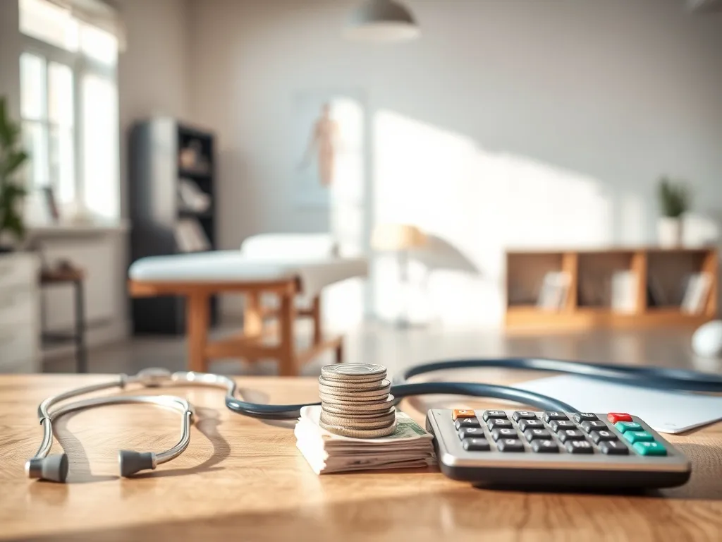 Biurko w gabinecie fizjoterapii z banknotami, monetami, stetoskopem i kalkulatorem, symbolizujące zarobki fizjoterapeuty.