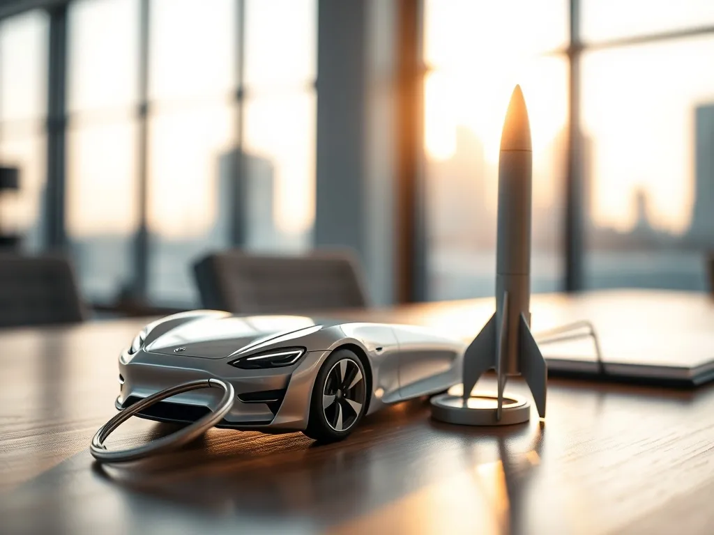 Srebrny kluczyk do elektrycznego auta i model rakiety na biurku, symbolizujące technologię, sukces i majątek Elona Muska.