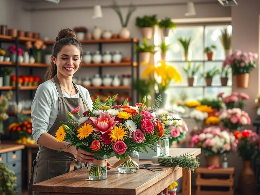 Florystka w przytulnej kwiaciarni układa kolorowy bukiet, podkreślając profesjonalne warunki pracy i atmosferę zawodu.