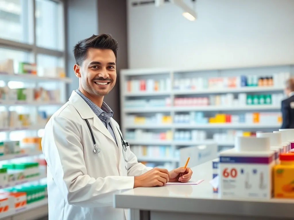 Uśmiechnięty farmaceuta sprawdza receptę za ladą nowoczesnej apteki, podkreślając profesjonalne warunki pracy