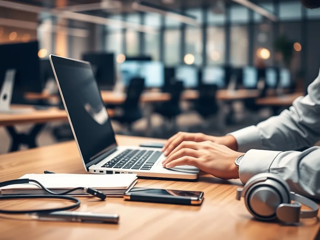 Dziennikarz pisze na laptopie w nowoczesnej redakcji, na biurku leżą notatnik, telefon i słuchawki