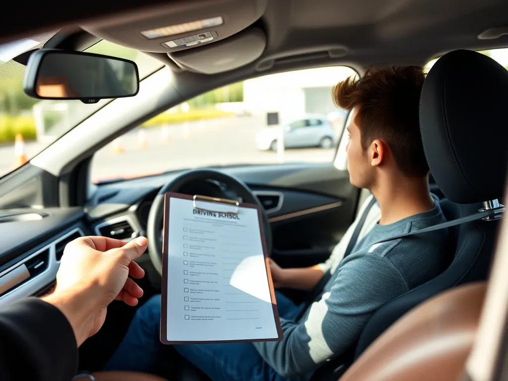 Instruktor z clipboardem obok kursanta za kierownicą na placu manewrowym szkoły jazdy, w tle pachołki i auto treningowe.