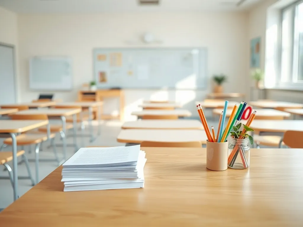 Jasna, nowoczesna sala lekcyjna klas 1–3 z pustymi ławkami i biurkiem nauczyciela, nawiązująca do warunków pracy i płac nauczycieli.