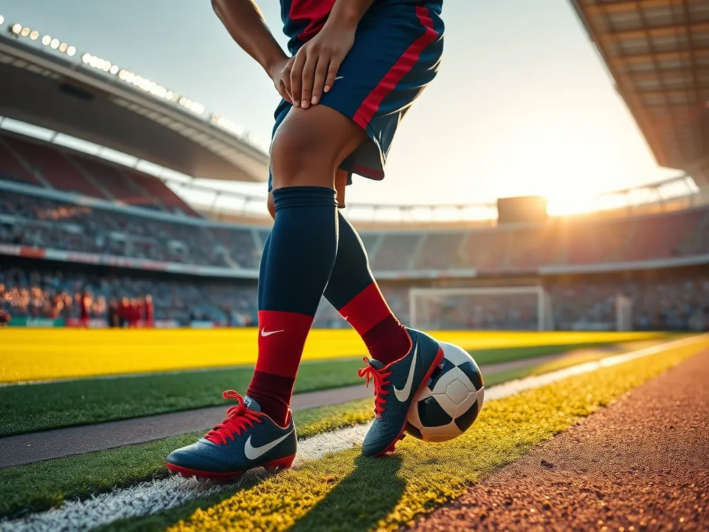 Młody piłkarz Barcelony wiąże korki przy linii bocznej stadionu, obok piłka, w tle rozmyta murawa i kibice