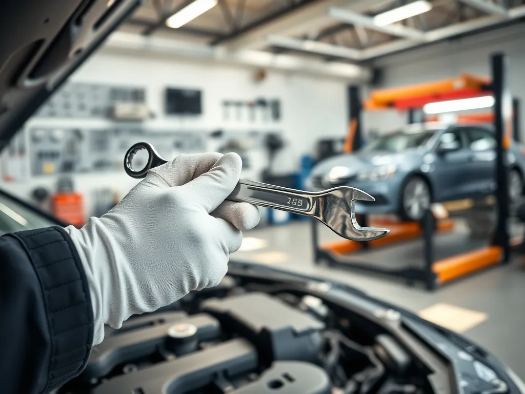 Ręce mechanika w rękawicach trzymają klucz nad silnikiem w nowoczesnym warsztacie, podkreślając profesjonalną obsługę.