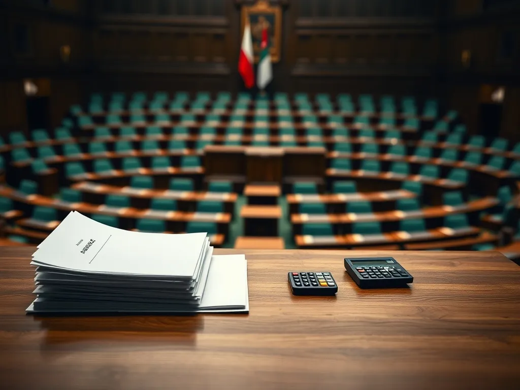 Biurko z dokumentami i kalkulatorem na tle pustej sali sejmowej, symbolizujące analizę wynagrodzenia marszałka sejmu