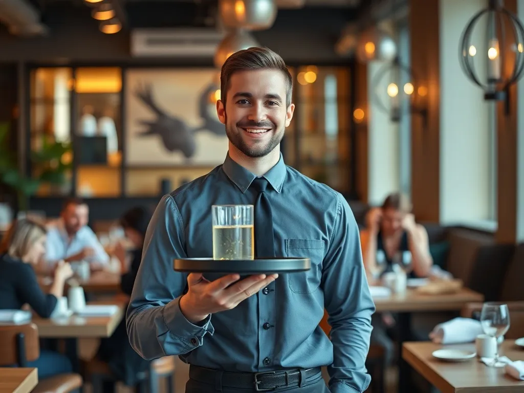 Uśmiechnięty kelner w eleganckim uniformie w przytulnej restauracji, pewny siebie, gotowy do obsługi gości.