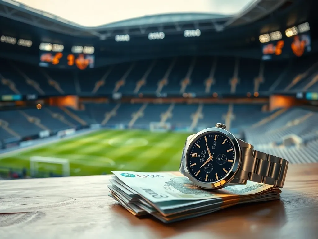 Plik banknotów euro i luksusowy zegarek na tle stadionu piłkarskiego, symbolizujące wysokie zarobki piłkarza.