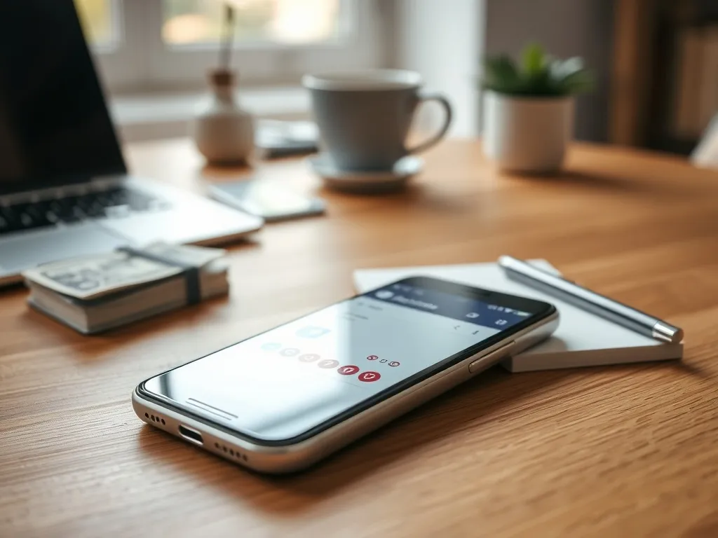 Smartfon z otwartą aplikacją social media obok pliku banknotów, symbolizujący zarobki influencera i pracę online