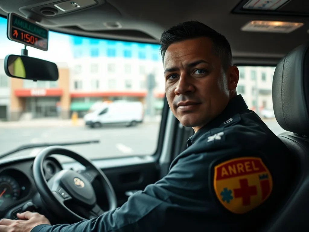 Kierowca karetki w mundurze siedzi za kierownicą, skupiony w trakcie pracy, w tle szpital i ulica miejska.