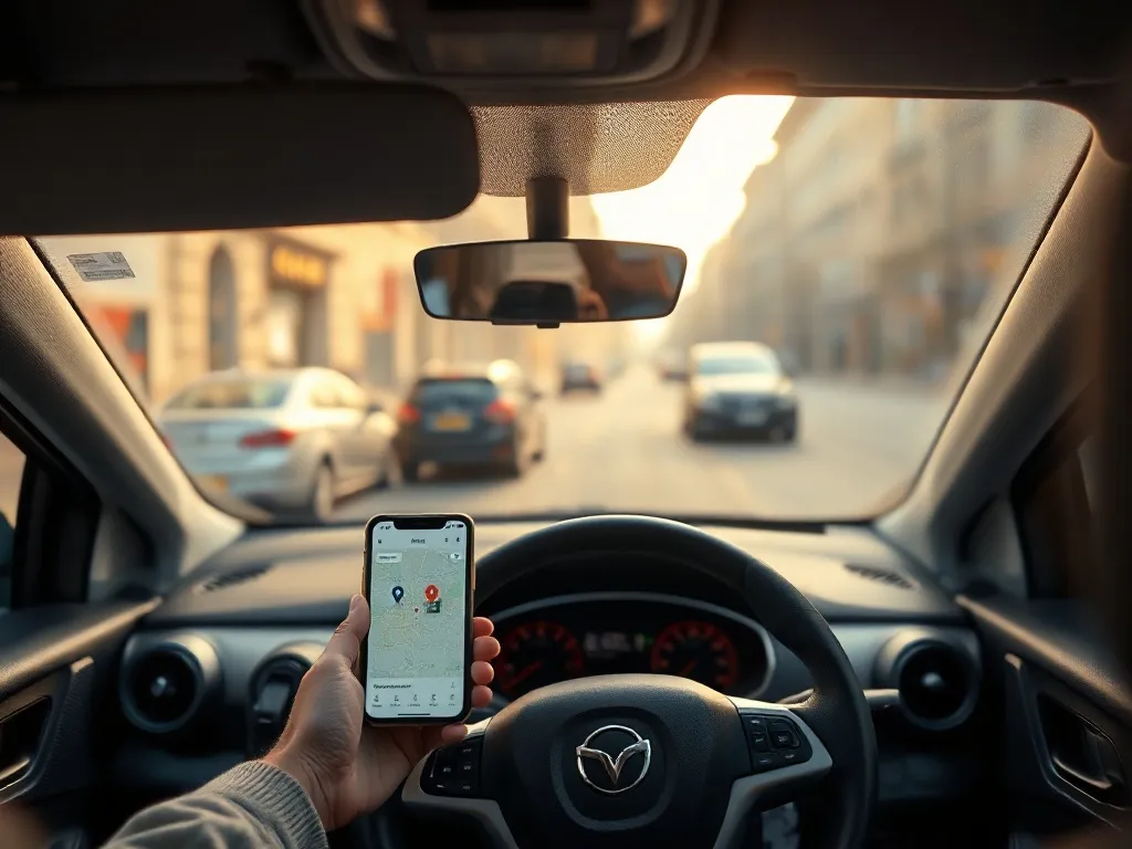 Kierowca Bolta prowadzi auto miejskie, na smartfonie widoczna mapa przejazdu w aplikacji do przewozu osób