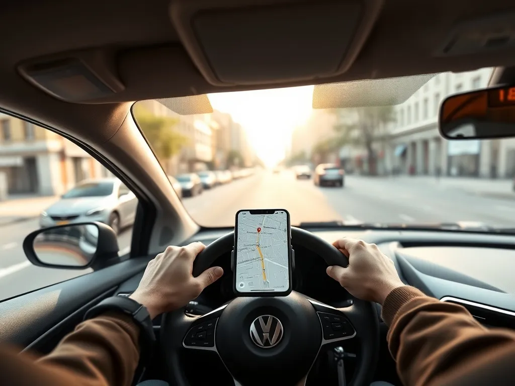 Kierowca Ubera prowadzi auto z nawigacją w smartfonie, jadąc przez miasto i realizując przejazd zarobkowy.