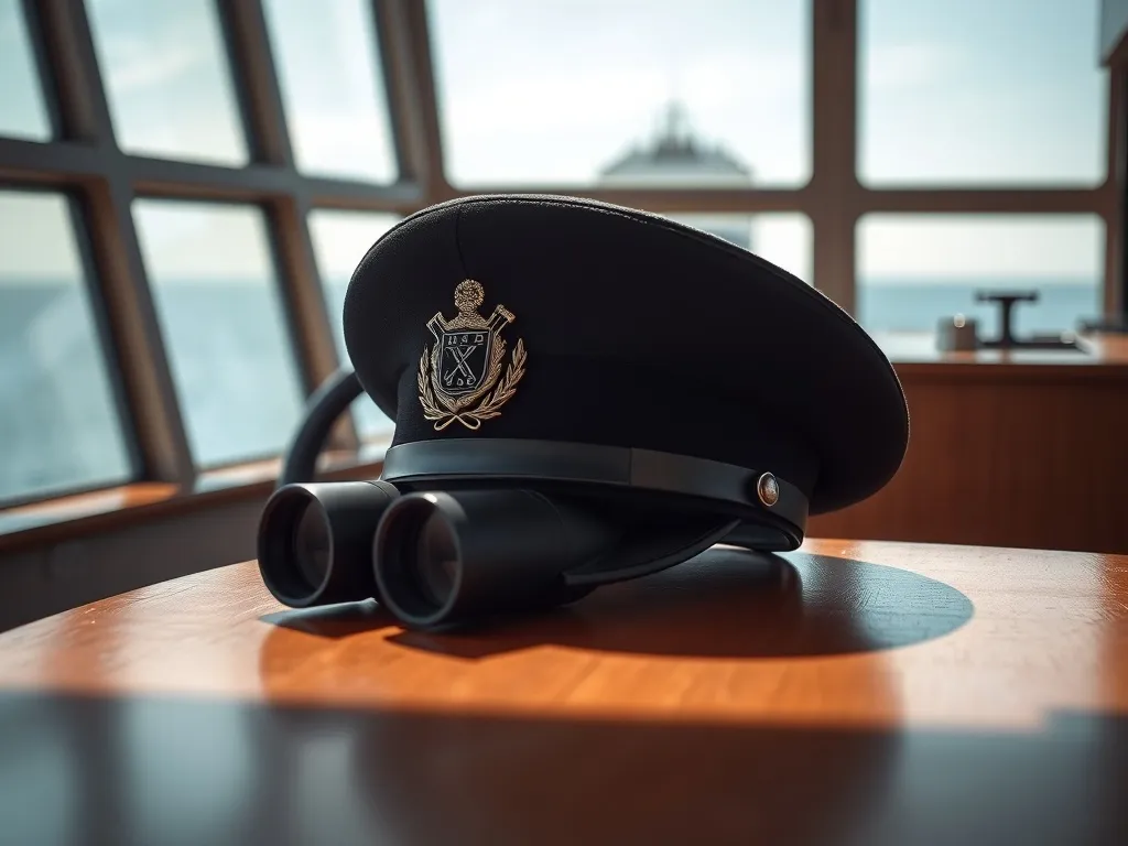Czapka kapitana i lornetka na mostku statku z widokiem na spokojne morze, symbolizujące pracę i odpowiedzialność kapitana.