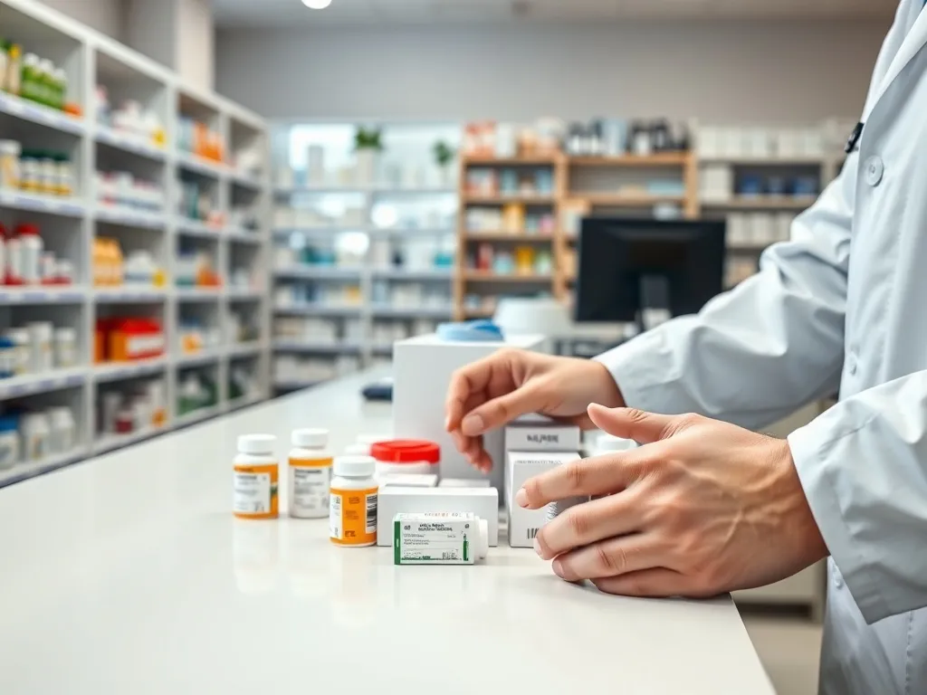 Farmaceuta w białym fartuchu układa leki na ladzie w nowoczesnej aptece, podkreślając profesjonalne środowisko pracy.
