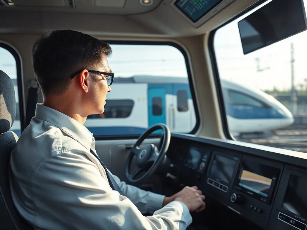 Maszynista Pendolino w nowoczesnej kabinie, skoncentrowany przy pulpicie sterowniczym szybkiego pociągu na peronie stacji