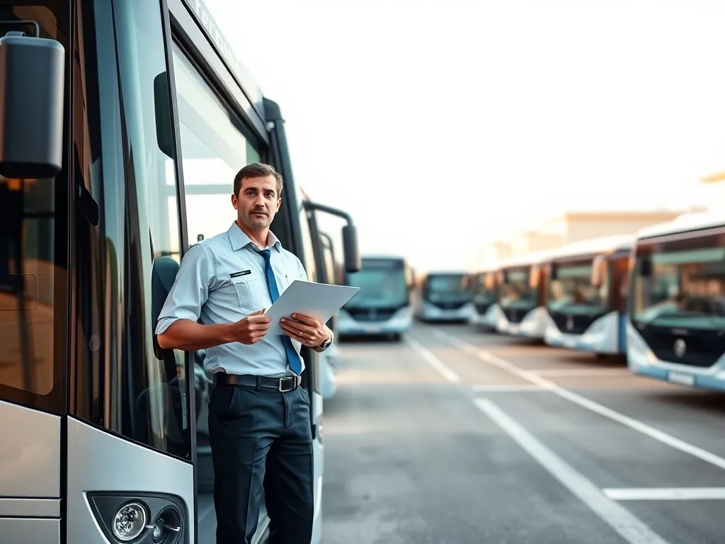 Kierowca autobusu miejskiego przy drzwiach pojazdu trzyma kopertę z wypłatą, na tle zajezdni i zaparkowanych autobusów.