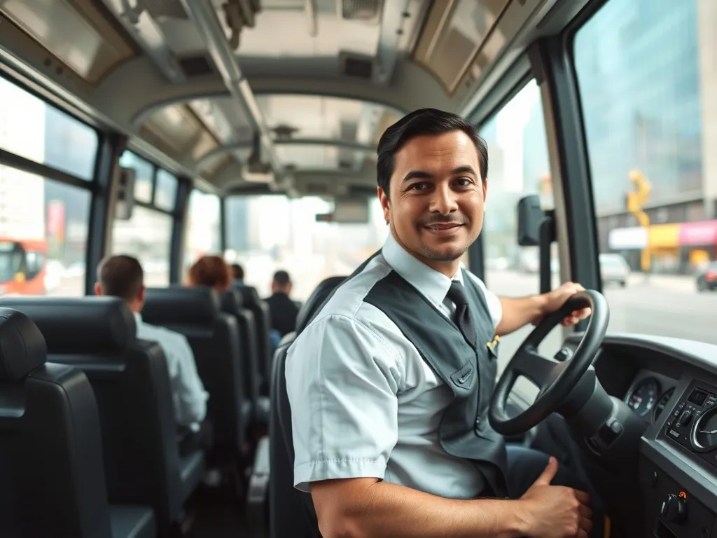 Kierowca autobusu miejskiego w eleganckim mundurze prowadzi nowoczesny autobus w mieście, wygląda pewnie i profesjonalnie.