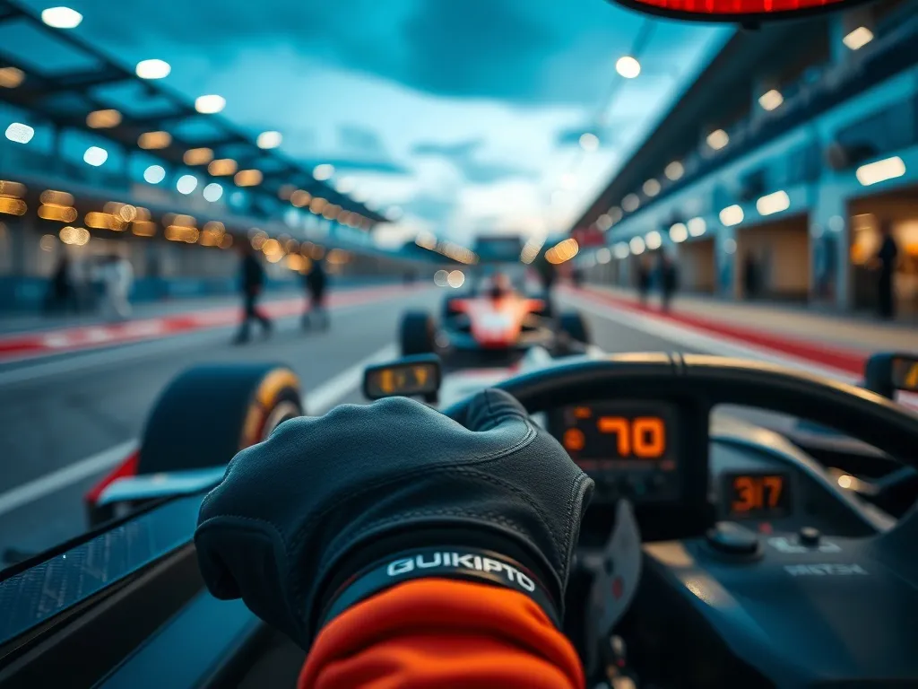 Kierownica bolidu F1 i rękawice w boksie, w tle rozmyty samochód i mechanicy, podkreślenie profesjonalizmu i elity sportu