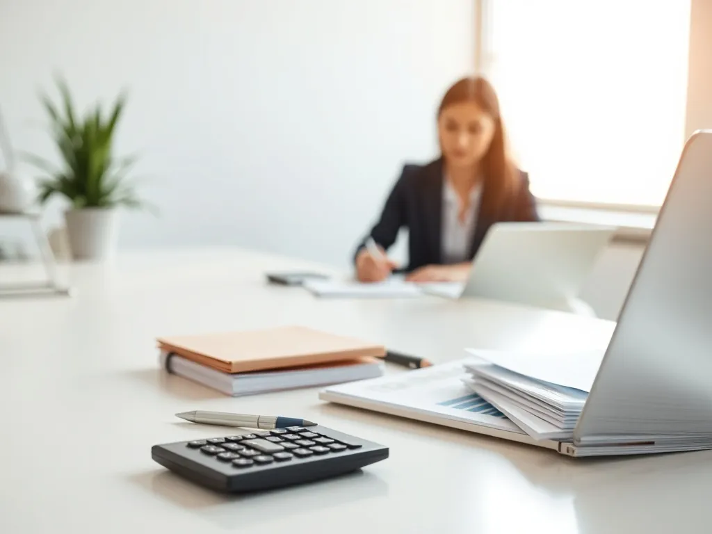 Księgowa przy biurku analizuje dokumenty finansowe z użyciem laptopa i kalkulatora, w nowoczesnym, jasnym biurze.