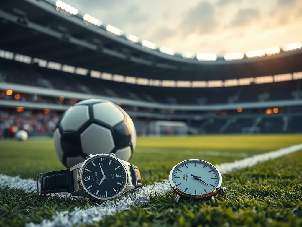Zegarek leżący obok piłki na murawie stadionu, symbolizujący zarobki Roberta Lewandowskiego w czasie meczu.