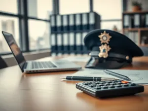 Biurko komendanta policji z czapką, odznaką i kalkulatorem, symbolizujące policyjną pensję, dodatki i awanse.
