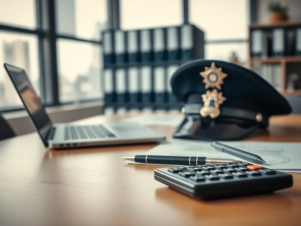 Biurko komendanta policji z czapką, odznaką i kalkulatorem, symbolizujące policyjną pensję, dodatki i awanse.