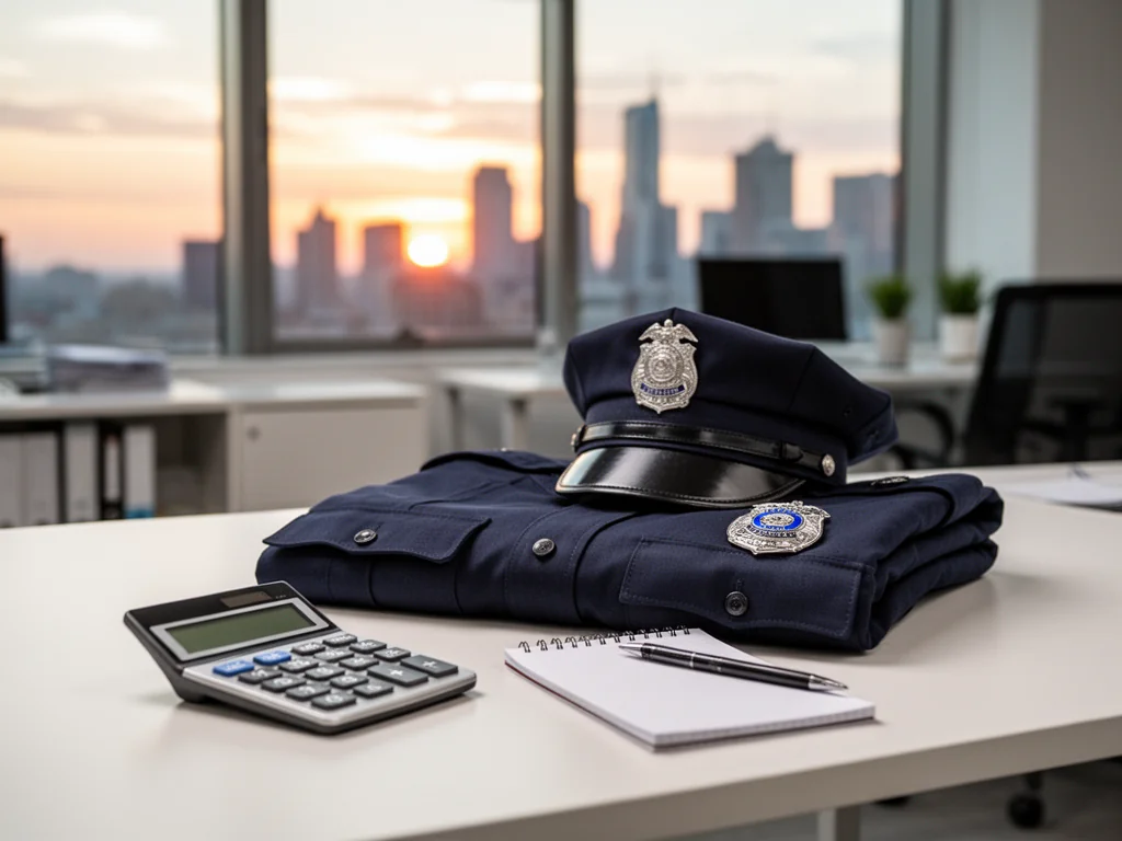 Mundur policyjny z kalkulatorem na biurku, symbolizujący planowanie wynagrodzenia i dodatków policjanta na start.