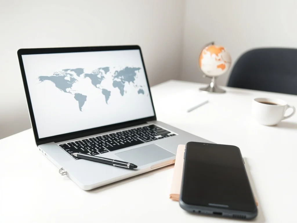 Laptop z mapą świata na ekranie, obok notatnik i smartfon – symbol planowania międzynarodowego SEO w nowoczesnym biurze.