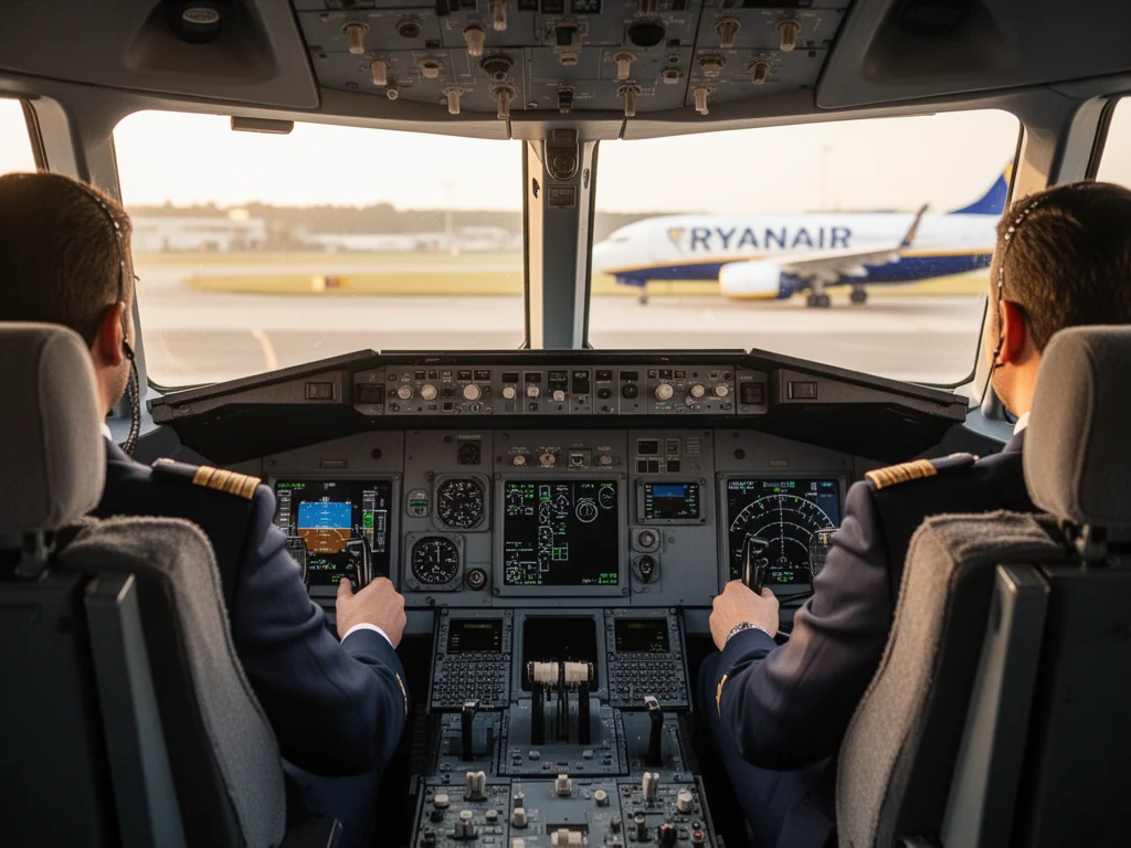 Dwóch pilotów Ryanair w kokpicie samolotu przygotowuje się do startu, w tle widać pas i maszynę linii.