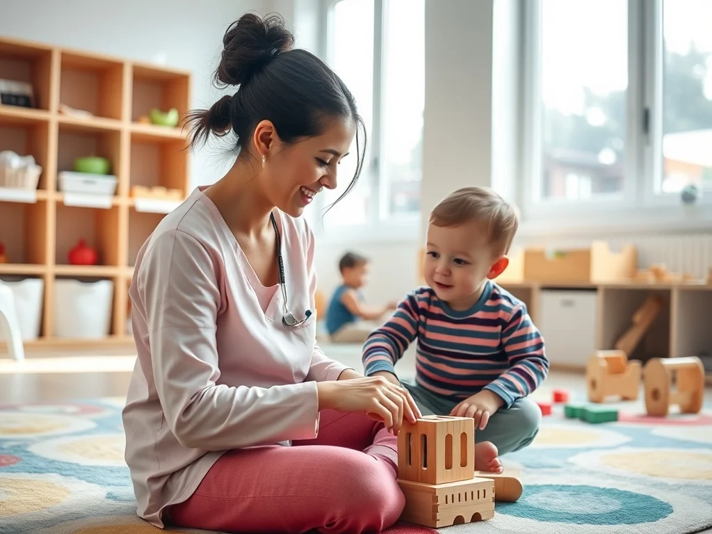Uśmiechnięta opiekunka bawi się klockami z maluchem w przytulnym żłobku, podkreślając ciepłą, profesjonalną opiekę