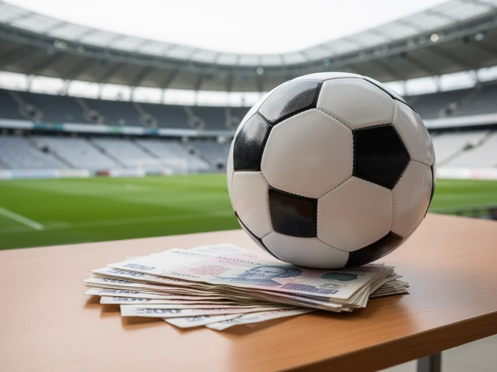 Piłka nożna leżąca na pliku polskich banknotów na tle stadionu, symbolizująca zarobki piłkarzy w Ekstraklasie.