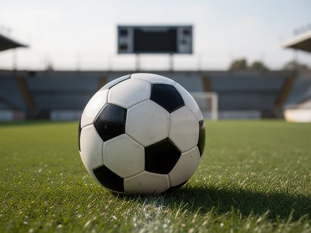 Piłka nożna na murawie skromnego stadionu, symbolizująca realia i zarobki piłkarzy w 2 lidze.