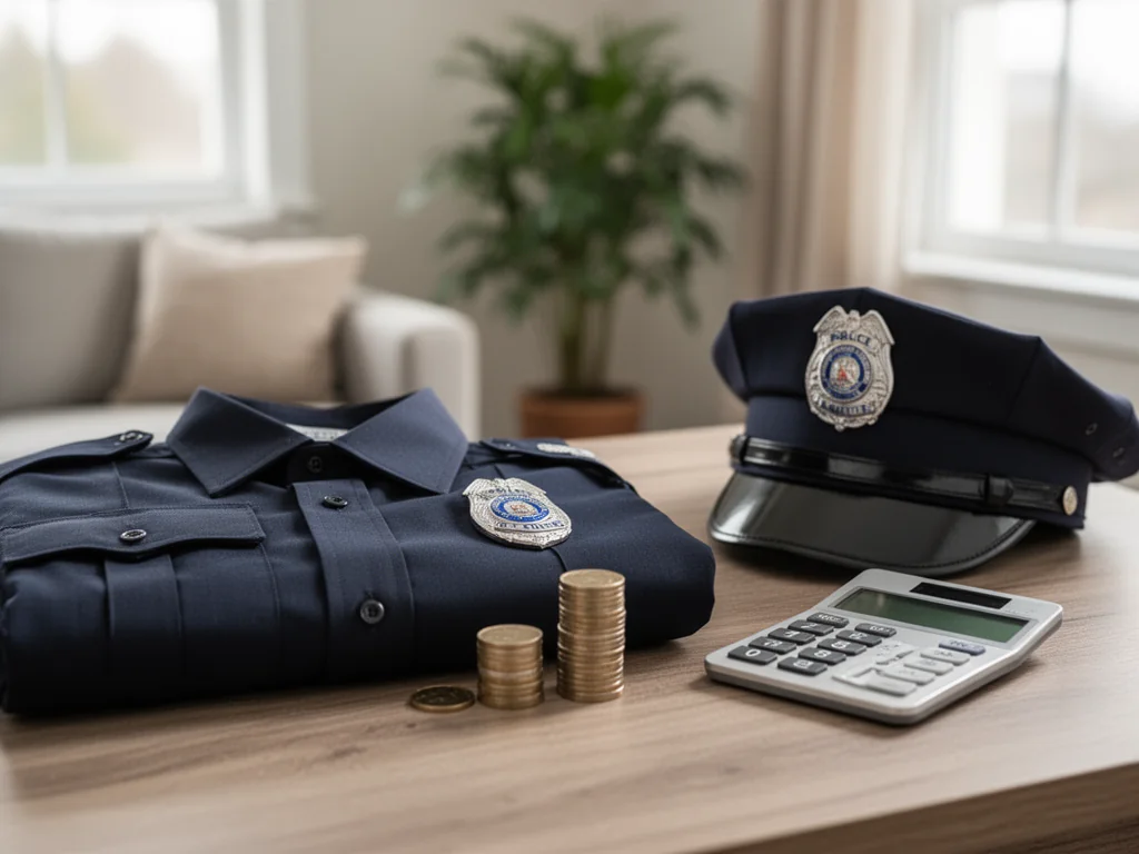 Policyjny mundur, odznaka, monety i kalkulator na biurku, symbolizujące zarobki oraz dodatki finansowe w policji.