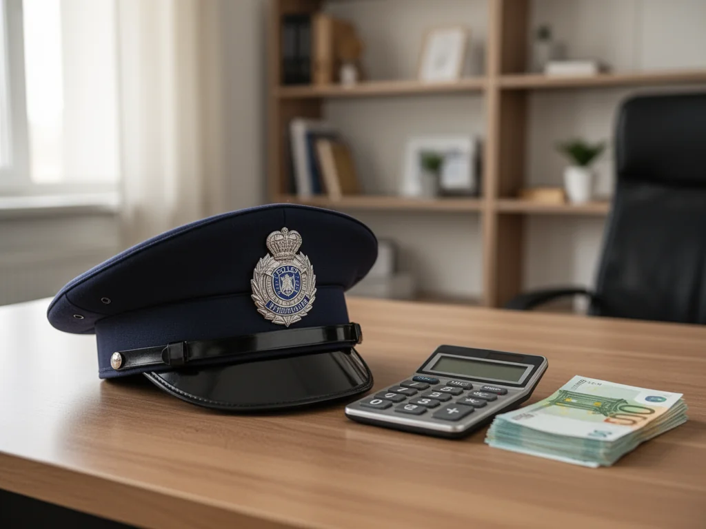 Czapka policyjna, odznaka, kalkulator i banknoty euro na biurku, symbolizujące zarobki i finanse policjanta.