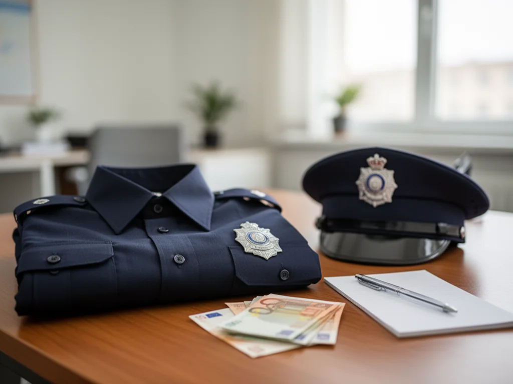 Policyjny mundur z odznaką na biurku obok pliku banknotów euro, symbolizujący zarobki i dodatki policjanta.