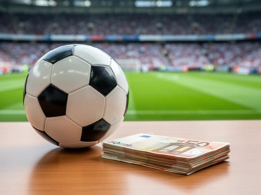 Piłka nożna obok pliku banknotów euro na tle stadionu, symbolizująca zarobki selekcjonera reprezentacji.